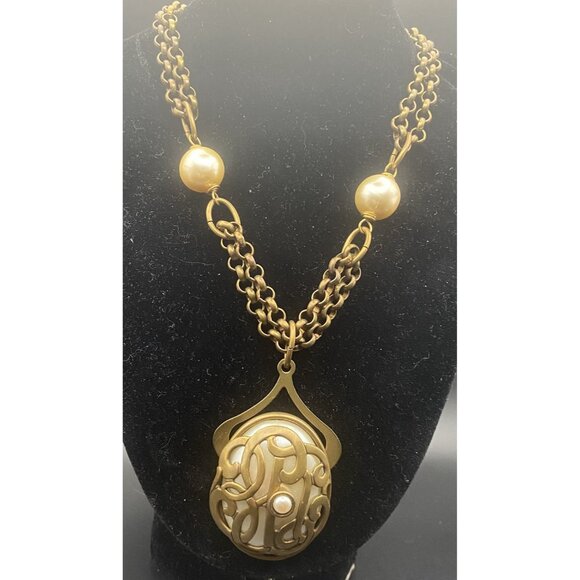 Signed Jan Michaels Art Nouveau Necklace Gold Brass Tone Caged Pearl Rolo Chain - Picture 2 of 8